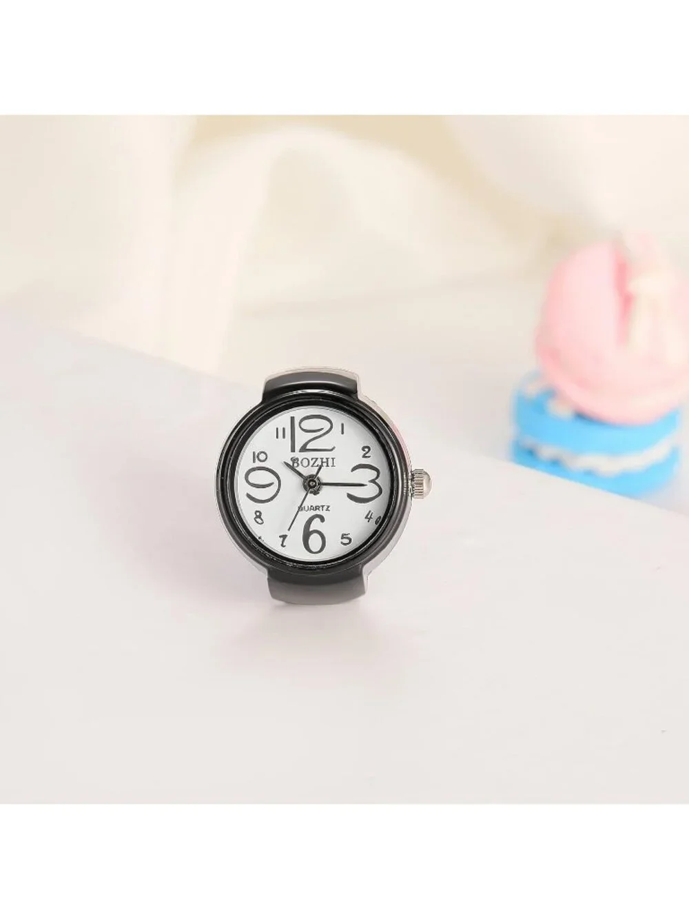 Unisex Black Analog Quartz Easy Read Adjustable Modern Round Finger Ring Watch